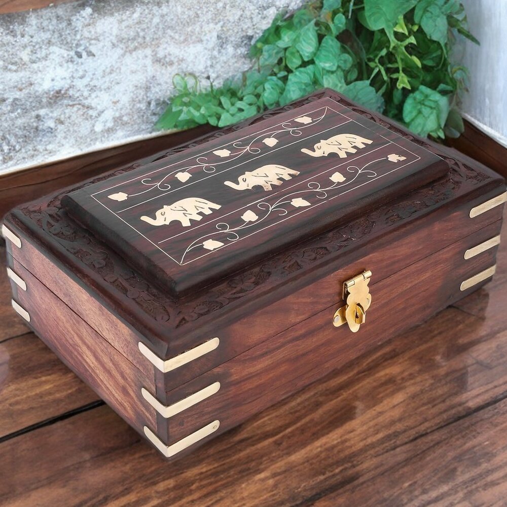 Wooden Jewelry Box Elephant Decor Jungle Safari African Rustic Table Decoration